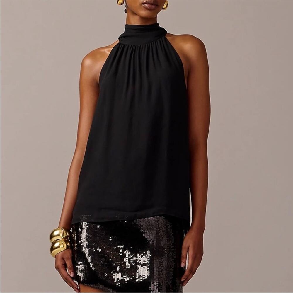 NWT J. Crew Halter top with necktie in chiffon blend black sz L